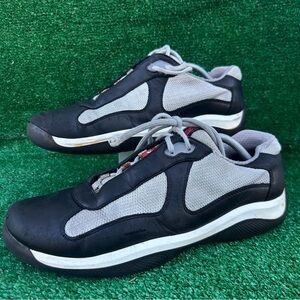 PRADA America's Cup Sneakers Mens Size 10 Black Leather Grey Mesh PS0906 Read
